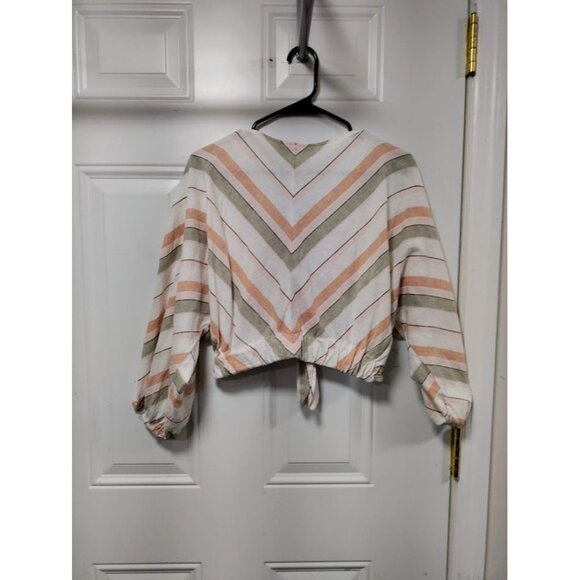 Zara Womens Striped Crop Top With V-Neck & Tie Front XS Linen Blend Made In Moro - Picture 4 of 13